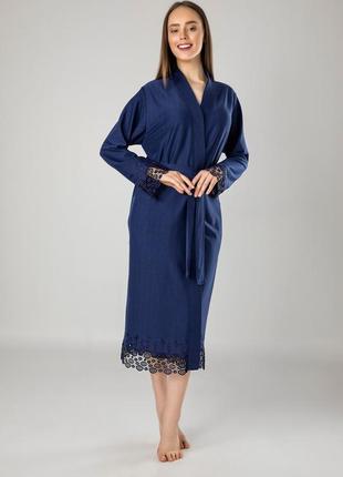 Халат хатній жіночий довгий трикотажний з мереживом, халат жіночий синій із поясом молодіжний крутий