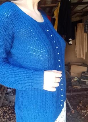 Синий свитер с жемчугом мода женские вещи