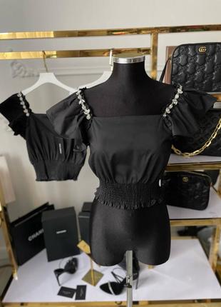 Топ блуза укороченная коттон в стиле dolce gabbana рукава клеш черный3 фото