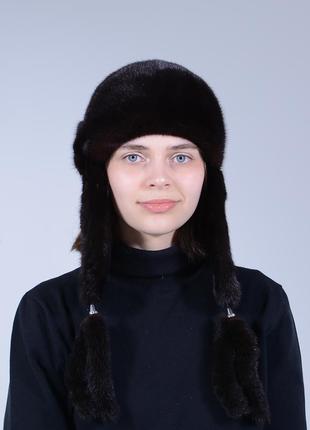 Женская теплая меховая шапка ушанка из настоящей норки3 фото
