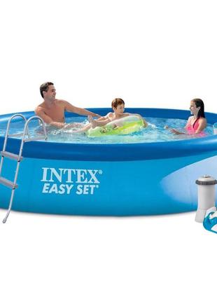 Надувний басейн intex 28143 - 7, 396 х 84 см (3 785 л/год, підстилка, тент, насос, драбина, набір для догляду)