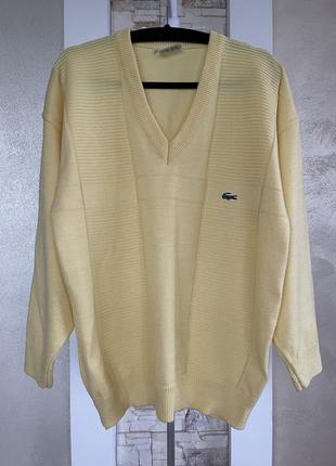 Вінтажний светр chemise lacoste з v-подібним вирізом, жовтий джемпер, 100% бавовна, ретро-пуловер
