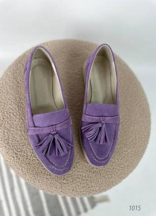 Натуральна замша, модні жіночі фіолетові лофери9 фото