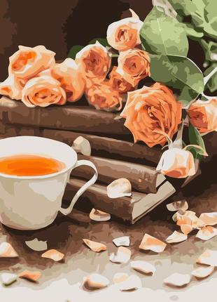 Картина за номерами чай і троянди з лаком та рівнем розміром 40х50 см va-3621 melmil