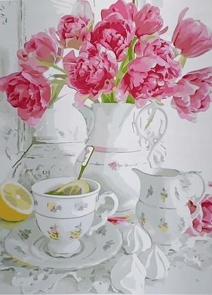 Картина за номерами чай, лимон та квіти з лаком та рівнем розміром 40х50 см (sy6646) melmil