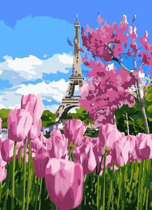 Картина за номерами весняні тюльпани у парижі з лаком та рівнем розміром 40х50 см va-3358 melmil