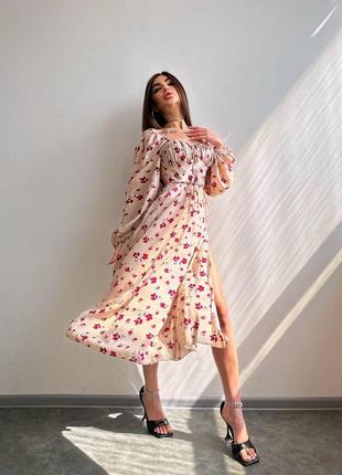 Нежное платье миди с разрезом и цветочным принтом, платье штапель3 фото