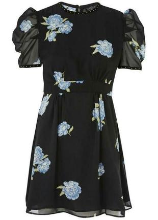Платье шифоновое с рукавами фонариками в цветочный принт пышное с поясом бантом1 фото