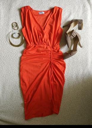 Обалденное качественое коктельное оранжевое платье на запах ассиметричное2 фото