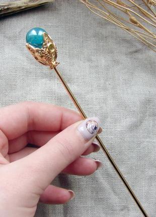 Заколка шпилька для волосся з блакитною скляною кулькою колір золото5 фото