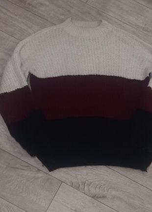 Стильный теплый вязаный свитер 42-44 черно белый бордо