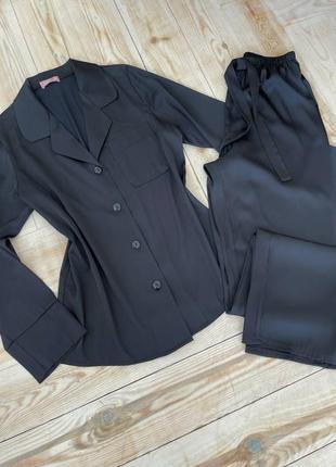 Шелковый черный костюм для дома, пижама рубашка и штаны1 фото