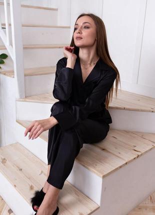 Шелковый черный костюм для дома, пижама рубашка и штаны7 фото