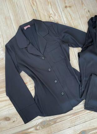 Шелковый черный костюм для дома, пижама рубашка и штаны2 фото