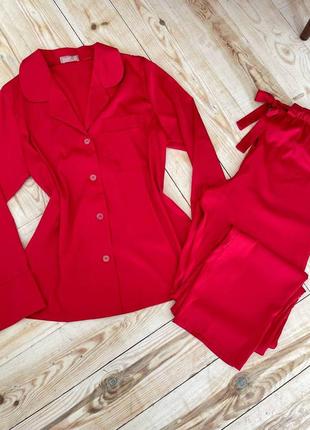 Шелковый красный костюм для дома, пижама рубашка и штаны1 фото