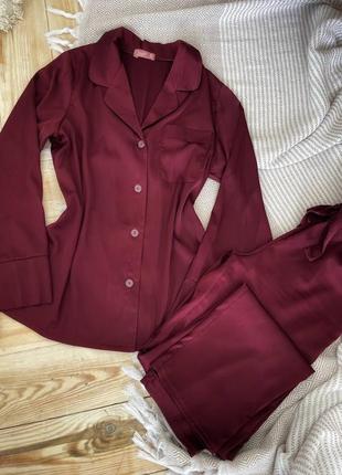 Шелковый бордовый костюм для дома, пижама рубашка и штаны2 фото