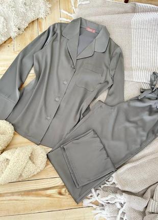 Шелковый серый костюм для дома, пижама рубашка и штаны