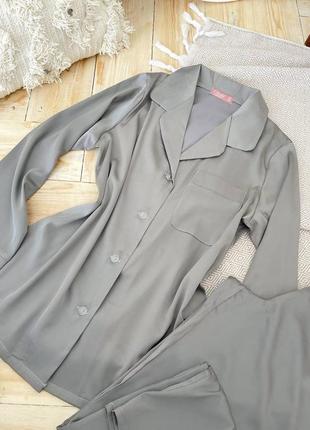 Шелковый серый костюм для дома, пижама рубашка и штаны3 фото
