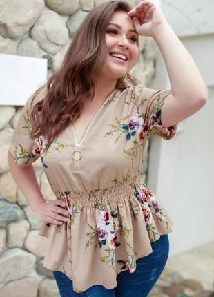 Плюс размер  блузка с v-образным вырезом и цветочным принтом