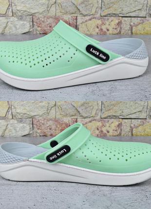Сабо кроксы женские luck line, силиконовые кроксы зеленые с серым на белой платформе10 фото