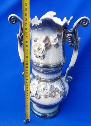 Большая керамическая ваза украшениями с двумя ручками для цветов без повреждений сколов3 фото