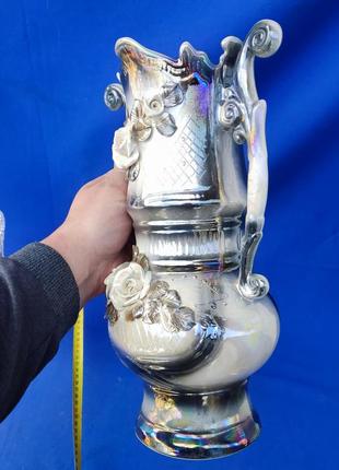 Большая керамическая ваза украшениями с двумя ручками для цветов без повреждений сколов7 фото