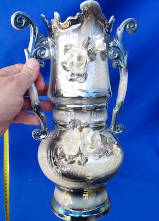Большая керамическая ваза украшениями с двумя ручками для цветов без повреждений сколов8 фото