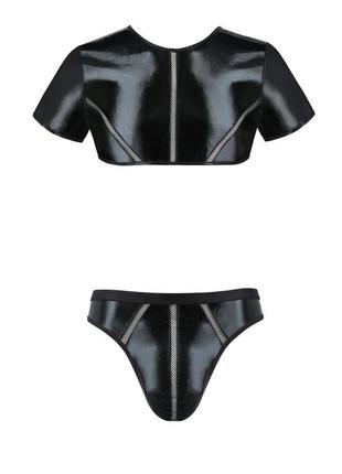 Комплект белья топ футболка слипы трусы экокожа стринги сетка вставка сеточка