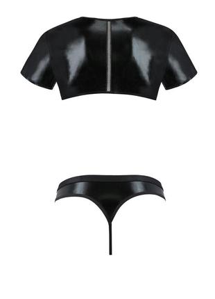 Комплект белья топ футболка слипы трусы экокожа стринги сетка вставка сеточка