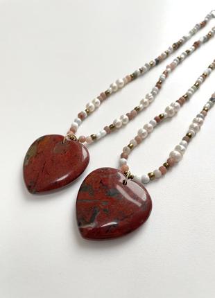 Серце на шию, перли, натуральне каміння, чокер, намисто, кулон серце6 фото