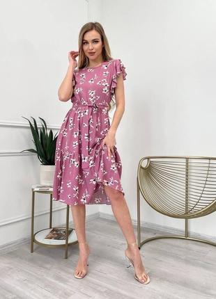 Платье миди с пышной юбкой расклешенное в цветочек черное бежевое розовое штапель с короткими рукавами с оборками вечернее повседневное в ретро стиле