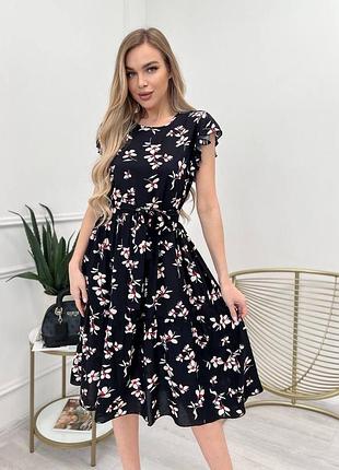 Платье миди с пышной юбкой расклешенное в цветочек черное бежевое розовое штапель с короткими рукавами с оборками вечернее повседневное в ретро стиле