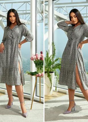 Жіноча сукня міді батал з розрізом блакитна сіра біла зелена рожева жовта коричнева фіолетова оранжева