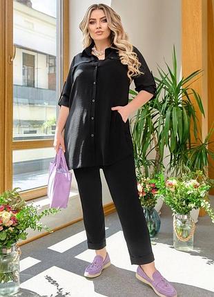 Костюм брючный летний весенний большого размера батал американский креп жатка горчичный черный зеленый малиновый рубашка туника кардиган штаны брюки