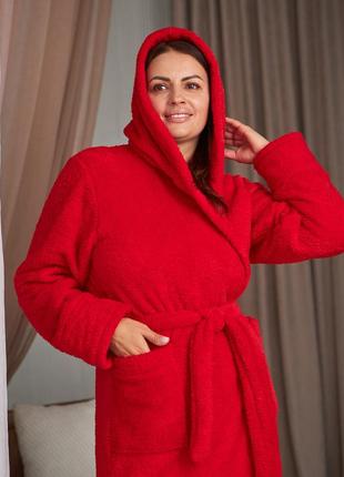 Жіночий домашній махровий халат з капюшоном, колір червоний 46-56