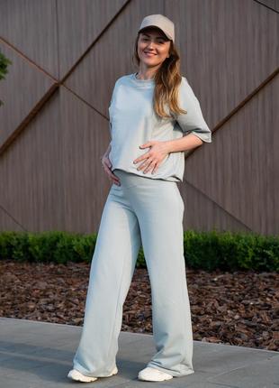 Широкі штани для вагітних з еластичною вставкою для животика м'ятні5 фото
