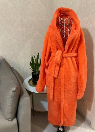 Женский домашний махровый халат с капюшоном оранжевый 46,48,50,52,54,56