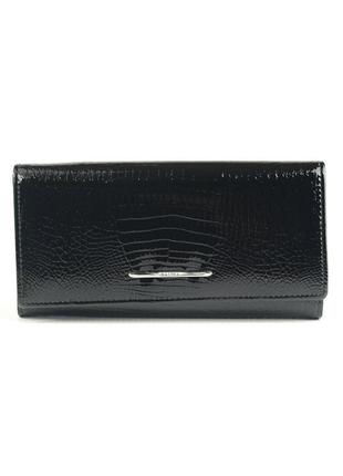 Черный женский лаковый кошелек портмоне под рептилию, кожаный классический кошелек на кнопке1 фото