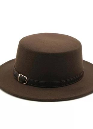 Стильная  фетровая шляпа канотье с ремешком болотный 55-58р (846)2 фото