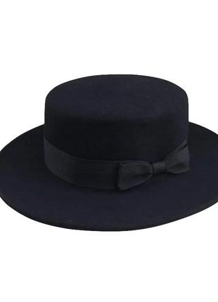 Стильний фетровий капелюх канотьє з бантиком чорний 55-58р (945)1 фото
