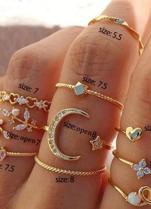 Набор колец 10 шт стильне модне трендове кольца колечка в стиле бохо золотистое кольцо с серцем жемчужиной крмсталами10 фото