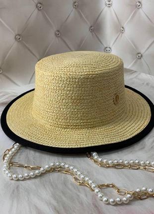 Летняя соломенная шляпа канотье с цепочкой и жемчужинами shape бежевый