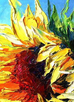 Маленькая картина маслом в раме цветы "украинский подсолнух", 20х15 см.3 фото