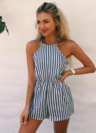 Супер мягкий  и легенький льняной комбез в полоску  комбинезон с открытой спинкой
