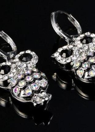 Сережки-підвіски liresmina jewelry срібна сова покрита фіанітами 3.3 см сріблясті2 фото