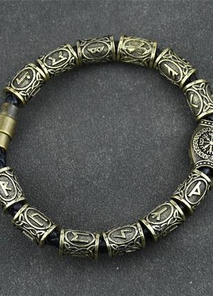 Браслет кожаный vikingos с 15 скандинавскими рунами 19 cм. античная бронза5 фото
