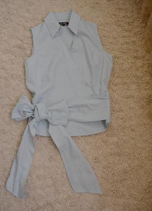 Моделирующая стройнящая натуральная блузка, на запах, лен, хлопок, пояс-бант