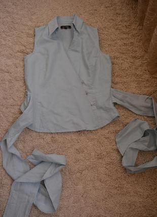 Моделирующая стройнящая натуральная блузка, на запах, лен, хлопок, пояс-бант3 фото