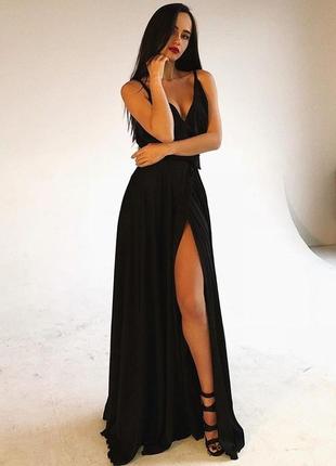 Шикарное вечернее платье шелковое черное длинное с разрезом2 фото