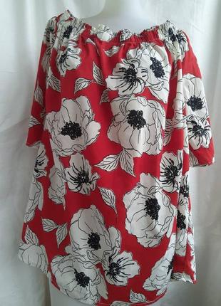 Женская легкая, летняя блуза, яркая блузка  с открытыми плечами. гавайка, мелкий цветок маки5 фото